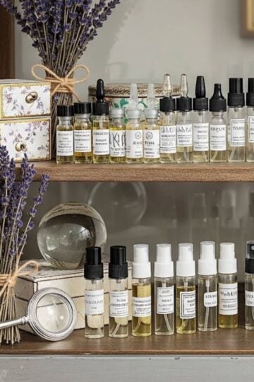 Wooden shelves displaying various labelled perfume sample bottles in sample sizes, sprigs of dried lavender, a magnifying glass, and small decorative drawers make up this charming personal fragrance collection.