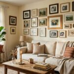 A cosy living room with a beige sofa, wooden coffee table, potted plant, and a gallery wall featuring meaningful art and framed photos above the settee-perfect for those who love thoughtful home décor.