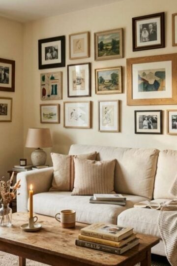 A cosy living room with a beige sofa, wooden coffee table, potted plant, and a gallery wall featuring meaningful art and framed photos above the settee—perfect for those who love thoughtful home décor.