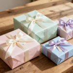 Four pastel-coloured gift boxes with satin ribbons arranged on a wooden table, with sunlight streaming in from the side.
