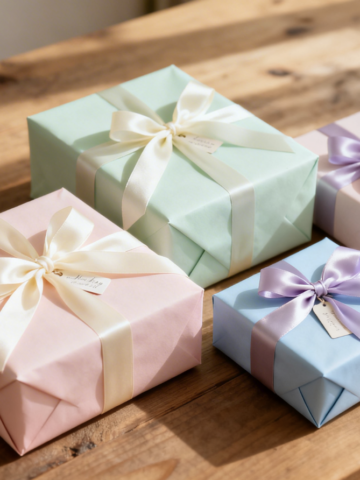Four pastel-coloured gift boxes with satin ribbons arranged on a wooden table, with sunlight streaming in from the side.