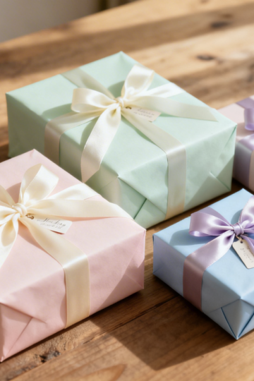 Four pastel-coloured gift boxes with satin ribbons arranged on a wooden table, with sunlight streaming in from the side.