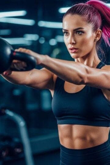 Woman with pink hair performs a kettlebell swing in a gym, wearing a black sports bra and leggings, with focused expression and gym equipment in the background.