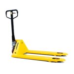 Yellow pallet truck with a black handle, designed for daily use in warehouses or industrial settings, showcasing pallet truck benefits such as efficient lifting and easy movement of pallets.