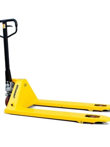 Yellow pallet truck with a black handle, designed for daily use in warehouses or industrial settings, showcasing pallet truck benefits such as efficient lifting and easy movement of pallets.