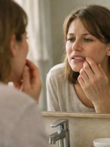 A woman stands in front of a bathroom mirror, examining her teeth or gums with her fingers, appearing concerned about smile improvement or whether it's made it worse.