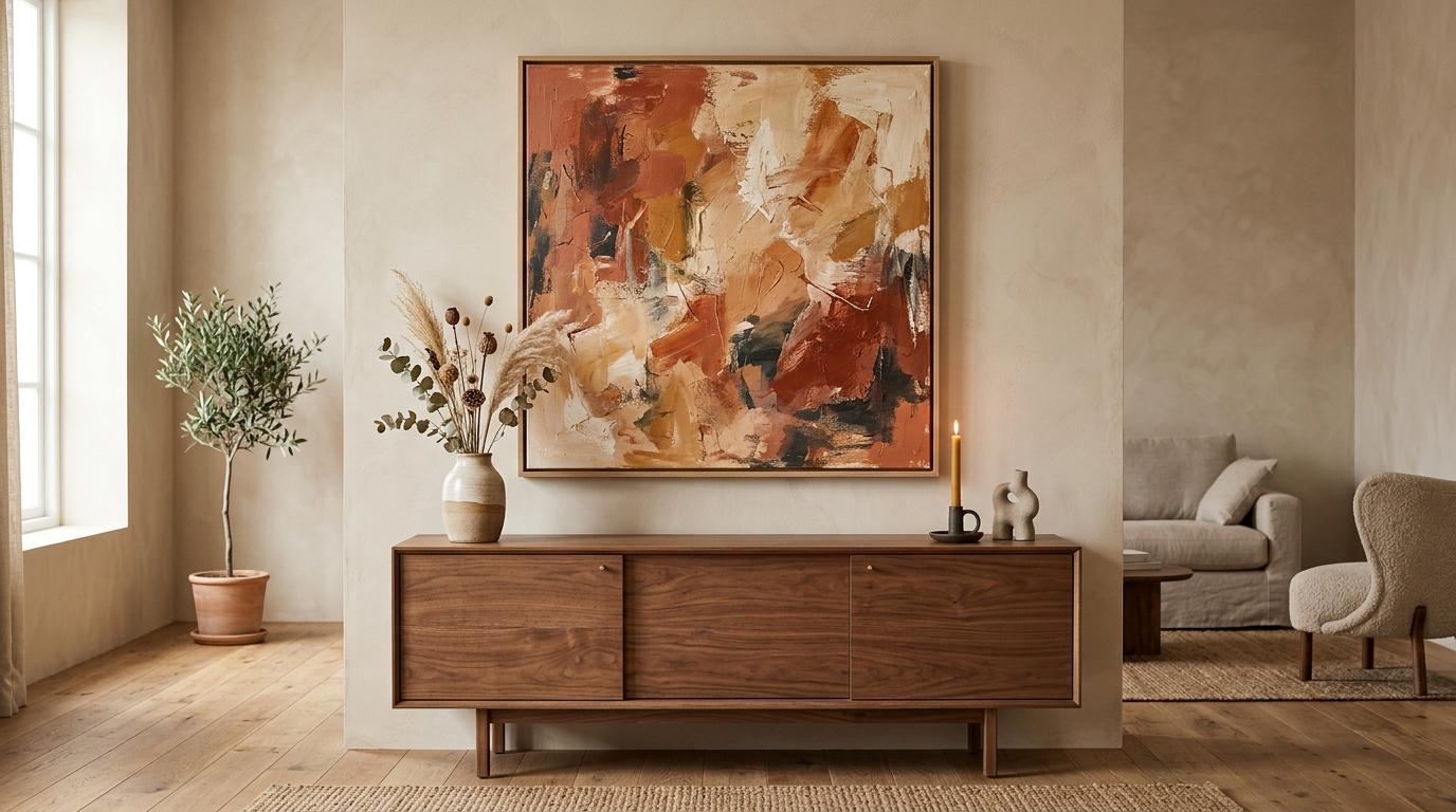 A modern living room with a wooden sideboard, abstract orange and beige painting, potted plant, ceramic vases, candle, and neutral-toned furniture.