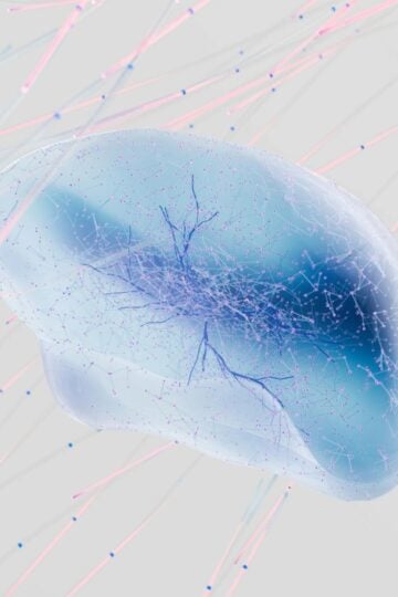 A translucent, blue-tinted abstract shape with branching lines inside, evoking the concept of nerve and tissue repair, set against a background of diagonal pink and blue streaks on a light grey backdrop.