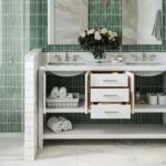 Modern family bathroom with a white, durable vanity featuring double basins, open drawers and shelves displaying towels and baskets, a green tiled wall, and a vase of flowers on the worktop.