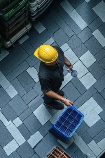A person wearing a yellow hard hat stands on hydraulic tile flooring, holding a blue crate among stacks of green and brown crates—a nod to sustainability in traditional workplaces.