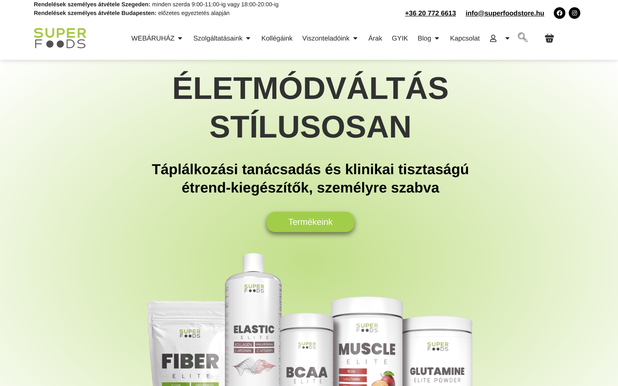 A selection of superfoods supplement products displayed on a green background, with Hungarian text about personalised nutrition and lifestyle change.