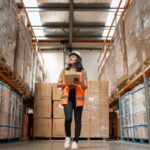 A woman in a safety vest and hard hat holds a clipboard whilst inspecting boxes in a warehouse aisle, ensuring proper cargo insurance cover is documented in plain language.