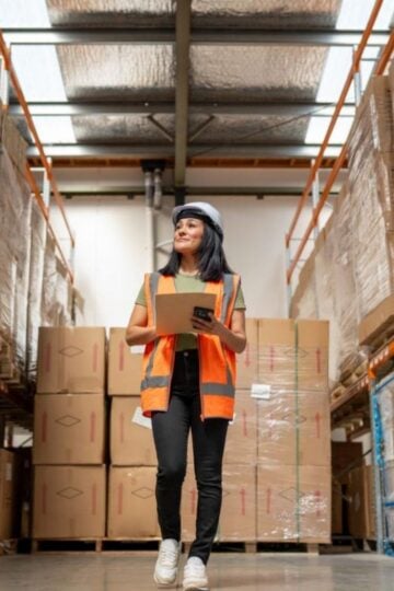 A woman in a safety vest and hard hat holds a clipboard whilst inspecting boxes in a warehouse aisle, ensuring proper cargo insurance cover is documented in plain language.
