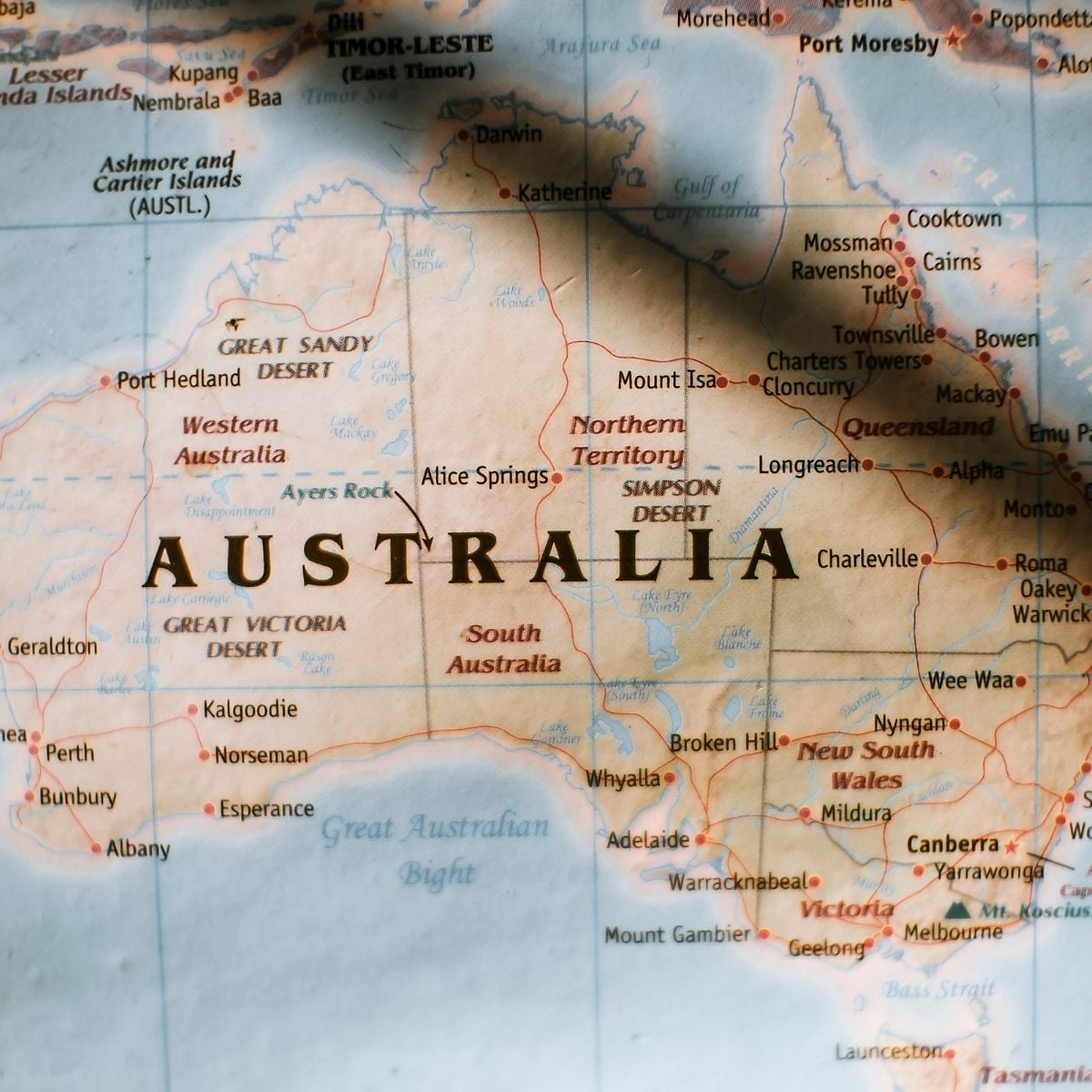 Moving from the UK to Australia: What Your Family Should Know A close-up of a map showing central and northern regions of Australia, highlighting cities and features—perfect for those moving with family to Australia or planning a UK to Australia relocation.