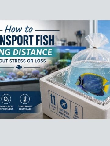 How to Transport Fish Long Distance Without Stress or Loss A bagged fish is placed in an insulated box labelled for live fish transport, with text about long-distance, stress-free fish transport. An aquarium is visible in the background.