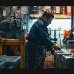 A cost-effective regular plumber in work overalls cleans tools at a sink in an industrial workshop, surrounded by equipment and supplies.