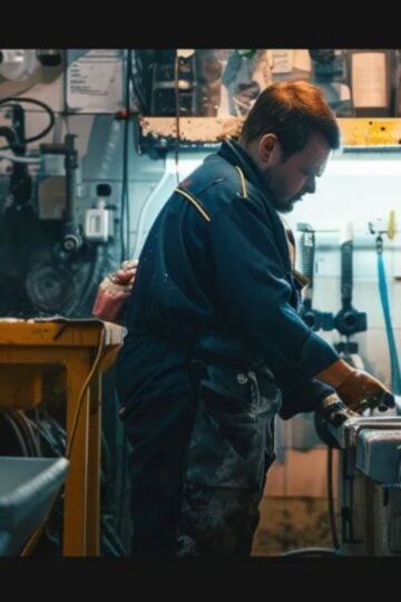A cost-effective regular plumber in work overalls cleans tools at a sink in an industrial workshop, surrounded by equipment and supplies.