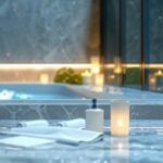 How Choosing Carrara Marble Tile Elevates Bathroom Aesthetics A rolled towel, a pump bottle, and a lit candle sit on Carrara marble tile near a bathtub, enhancing the bathroom aesthetics with candles and soft lighting in the background.