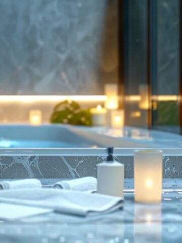 How Choosing Carrara Marble Tile Elevates Bathroom Aesthetics A rolled towel, a pump bottle, and a lit candle sit on Carrara marble tile near a bathtub, enhancing the bathroom aesthetics with candles and soft lighting in the background.