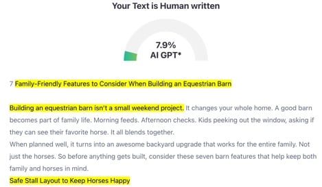 7 Family-Friendly Features to Consider When Building an Equestrian Barn Screenshot showing text about building an equestrian barn, with three highlighted headings: family-friendly features, project scope, and safe stall layout. A circular graph shows 7.9% AI GPT*.