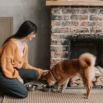 A woman in a brown jumper kneels on a rug and strokes her brown dog eating the best dog food from a bowl in front of a brick fireplace, perfect for a busy family lifestyle.