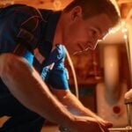 Why rotorooter.com Stands Out in Emergency Plumbing Solutions A man in a blue uniform works intently on plumbing equipment in a dimly lit room, using a headtorch for illumination-demonstrating the dedication behind reliable emergency plumbing solutions.