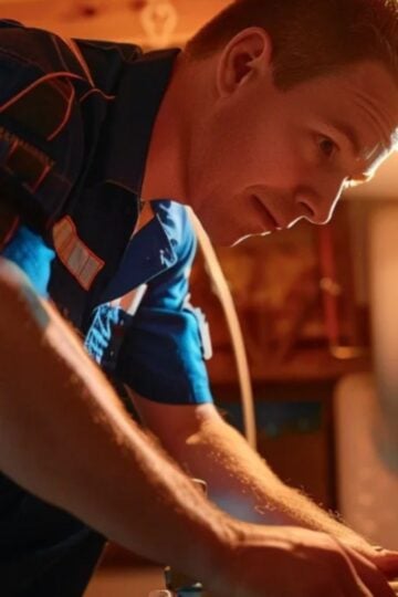 A man in a blue uniform works intently on plumbing equipment in a dimly lit room, using a headtorch for illumination—demonstrating the dedication behind reliable emergency plumbing solutions.