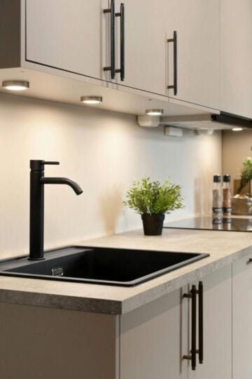 How to Choose the Right Kitchen Sink for Your Home: Materials, Configurations, and Long-Term Maintenance Modern kitchen with white cupboards, black kitchen sink and tap, electric cooker, and small potted plants on the light-coloured worktop, all crafted from easy-to-clean materials for simple maintenance.