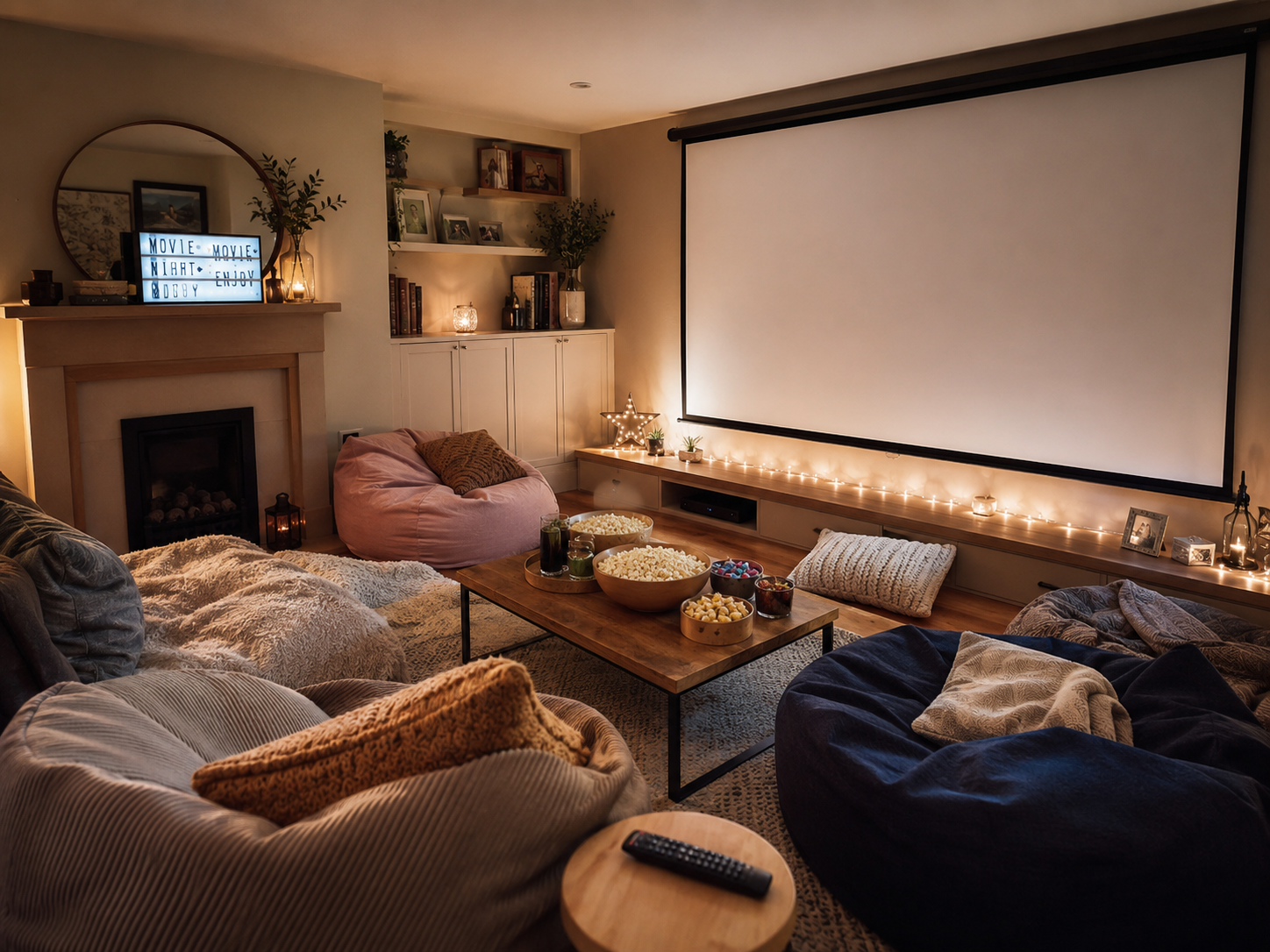 A cosy home theatre room with a large screen, bean bags, blankets, candles, snacks, and a “Movie Night” sign on the mantelpiece—perfect for ticking off films from your Bucket List for Kids or enjoying a Free Summer Movie Printable during school holidays in the UK.