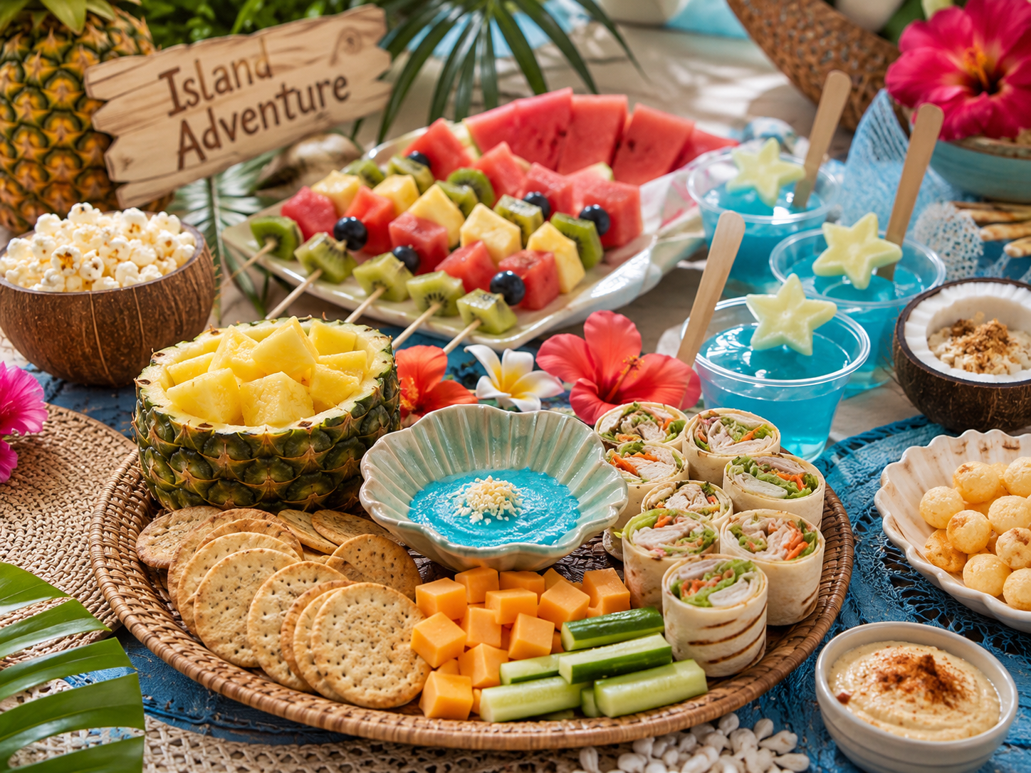 Tropical-themed spread with fruit kebabs, pineapple, cheese, crackers, wraps, popcorn, crisps, blue drinks, and dips on a woven tray—perfect for Kids UK enjoying their Summer Movie Bucket List. "Island Adventure" sign in background adds to the printable for kids atmosphere.