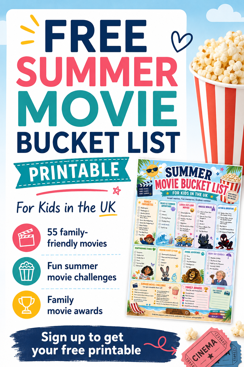 A promotional poster for a free printable summer film bucket list for children in the UK, featuring family films, fun challenges, and a sample checklist with a playful popcorn graphic. Perfect for creating unforgettable memories with an exciting summer film bucket list!.