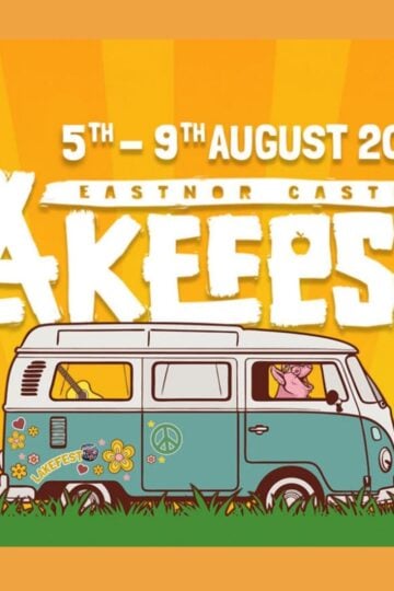 Illustration of a blue van with a dog driving, promoting Lakefest 2026 at Eastnor Castle from 5th to 9th August, set against a bright orange and yellow background—inviting everyone to join the ultimate family festival adventure.
