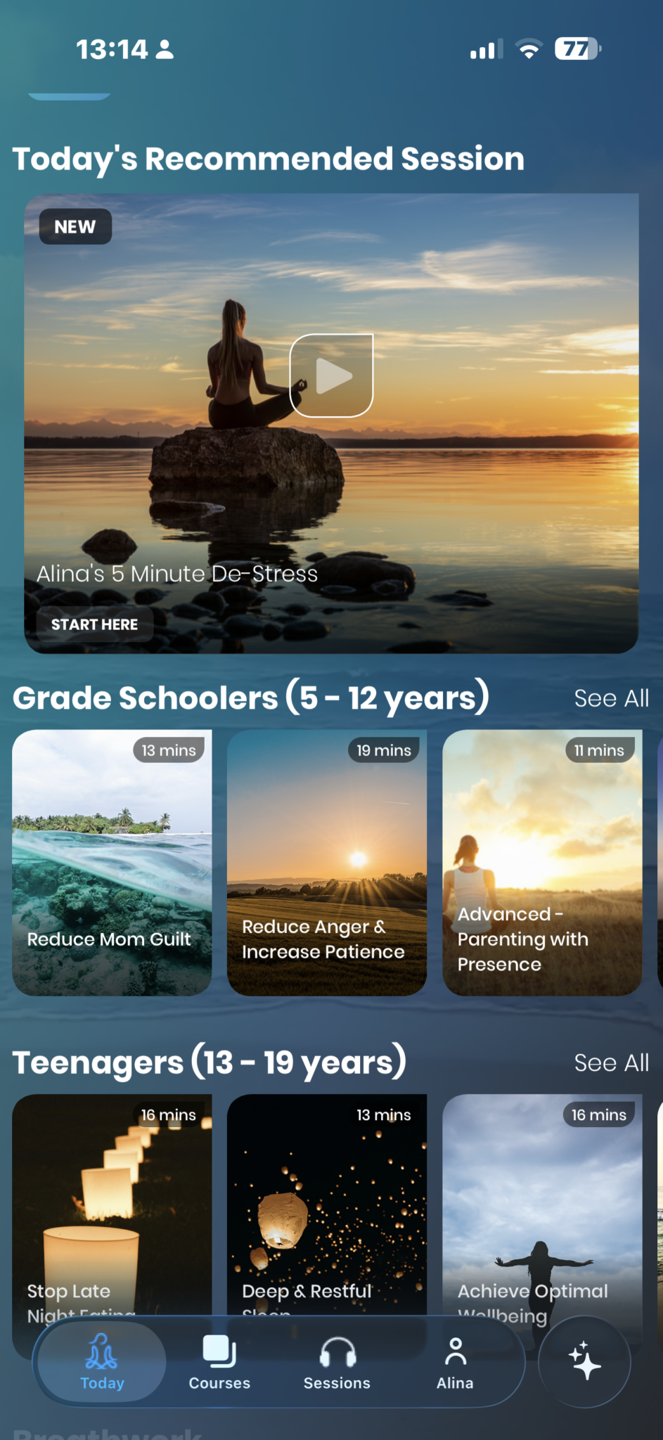 A meditation app home screen shows recommended sessions, including a featured de-stress video, and categorised options for primary schoolers, teenagers, and pregnancy emotional support with the MamaZen App, with session durations listed.