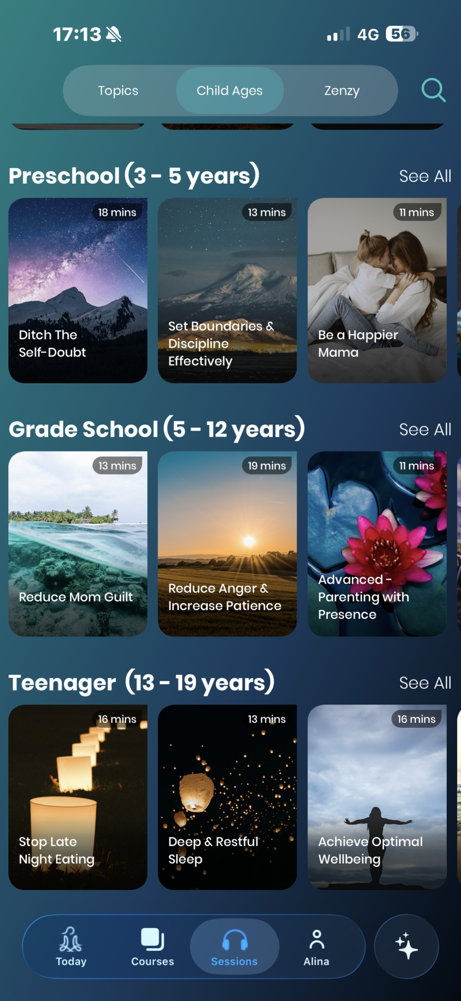 A mobile app screen displaying parenting session categories for pre-school, primary school, and teenager age groups, each with session titles, durations, and relevant images—seamlessly integrated into the MamaZen App to provide emotional support for every stage of parenting.