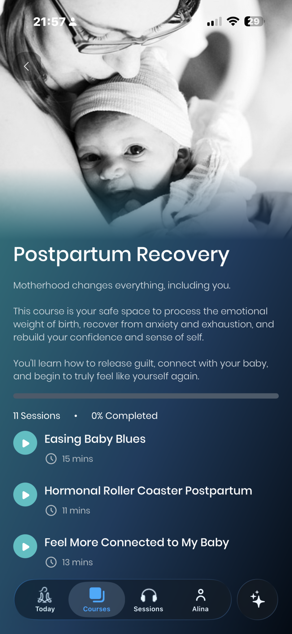 A screenshot of a postnatal recovery course on the MamaZen App, featuring a black-and-white photo of a mother holding her newborn baby and offering emotional support through a list of audio session titles.