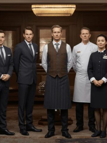 From Five-Star Luxury to Casual Retreats: How to Choose Hotel Uniforms That Reflect Your Brand A group of five hotel staff members in luxury hotel uniforms stand in a line in an elegant, wood-panelled room with floral arrangements in the background, reflecting a strong brand identity.