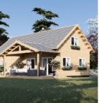 A charming family cabin in the UK, this small wooden house features a pitched roof, front veranda, window boxes, and is surrounded by grass and trees under a clear blue sky.