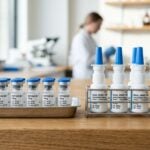 Vials labelled "Peptide AXT 10 mg" and nasal spray bottles are arranged on a counter; a person in a lab coat is blurred in the background, evoking the meticulous environment detailed in any researcher's guide to Ipamorelin Peptide.