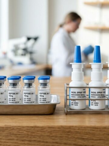 Vials labelled "Peptide AXT 10 mg" and nasal spray bottles are arranged on a counter; a person in a lab coat is blurred in the background, evoking the meticulous environment detailed in any researcher's guide to Ipamorelin Peptide.