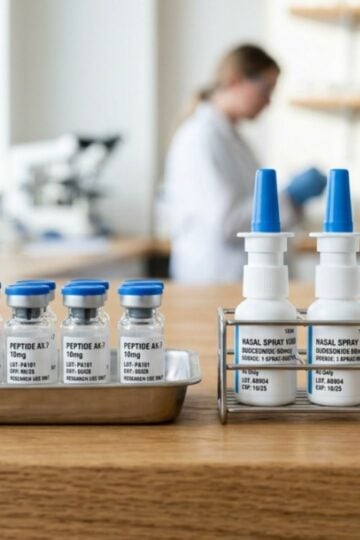 Vials labelled "Peptide AXT 10 mg" and nasal spray bottles are arranged on a counter; a person in a lab coat is blurred in the background, evoking the meticulous environment detailed in any researcher's guide to Ipamorelin Peptide.