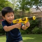 Smiling child with short dark hair holds a yellow and black Pop Blast foam ball blaster outside in a garden with grass, trees, and a wooden fence-children will love this playful adventure!.