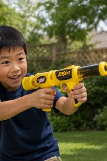 Smiling child with short dark hair holds a yellow and black Pop Blast foam ball blaster outside in a garden with grass, trees, and a wooden fence—children will love this playful adventure!.