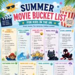Colourful illustrated Summer Movie Bucket List for children in the UK, featuring categorised film titles with tick boxes under themed sections like Family Favourites and Magical Worlds-a fun printable for children to track their film adventures.