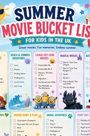 Colourful illustrated Summer Movie Bucket List for children in the UK, featuring categorised film titles with tick boxes under themed sections like Family Favourites and Magical Worlds—a fun printable for children to track their film adventures.