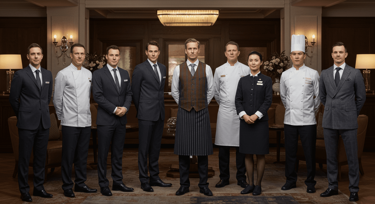 From Five-Star Luxury to Casual Retreats: How to Choose Hotel Uniforms That Reflect Your Brand A group of eight hotel staff members, including chefs and managers, stand in a formal queue in an elegant, well-lit interior setting.