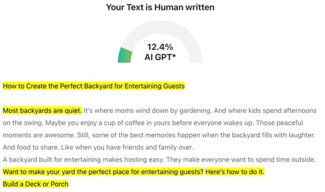 How to Create the Perfect Backyard for Entertaining Guests A text analysis shows 12.4% AI GPT. Highlighted text includes tips on creating a garden for entertaining guests, keeping it quiet, and building a deck or veranda.