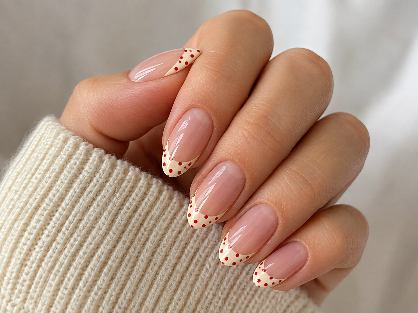 A hand with almond-shaped nails features nude polish and cream-coloured French tips with small red polka dots—perfect for chic back to school nail designs. The person is wearing a beige knitted jumper.
