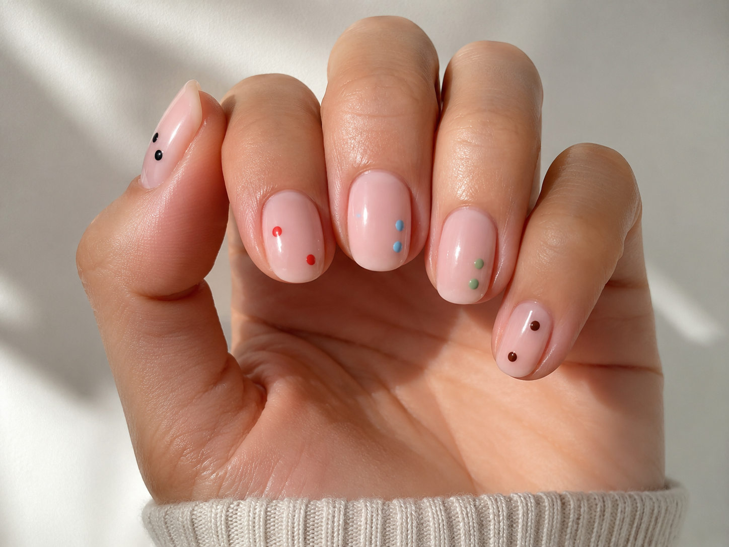 A hand with short, natural nails painted light pink, each nail featuring a single small dot of various colours near the tip—perfect for subtle and playful back to school nail designs.