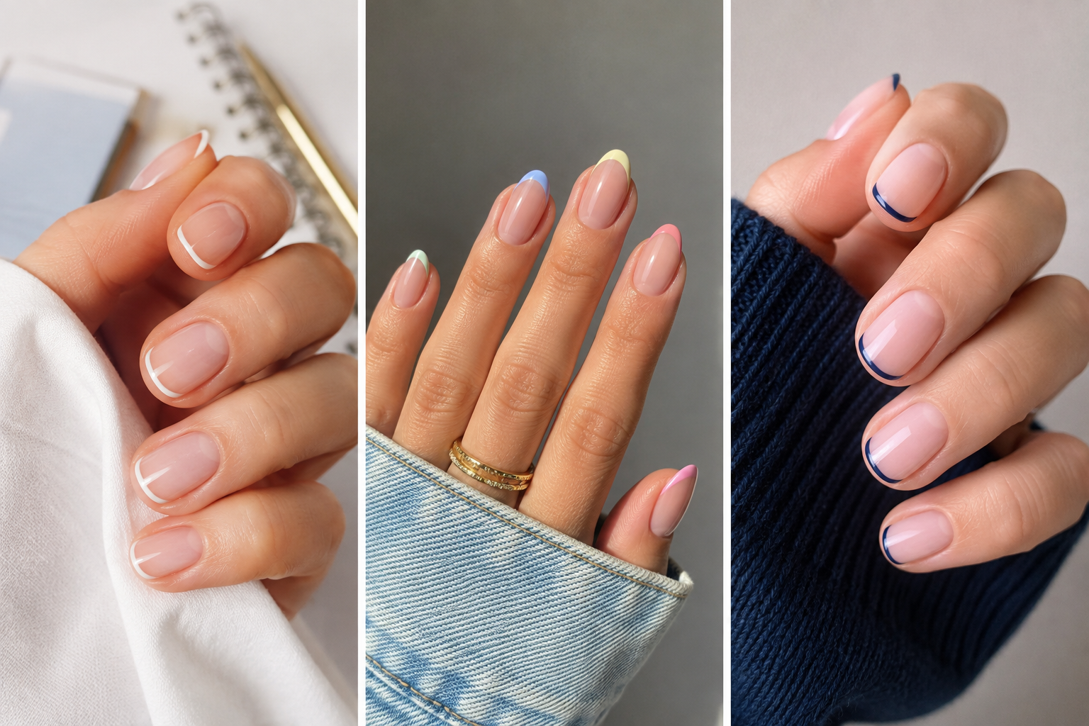 Three hands show different minimalist French manicure styles with coloured tips—including white, pastel, and navy blue—against neutral backgrounds, making them perfect back to school nail designs for a chic yet understated look.