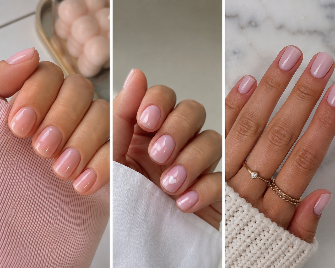 Three close-up views of hands with short, neatly manicured nails painted in sheer pink varnish; two hands wear rings, and each hand rests on different textured surfaces, offering subtle inspiration for back to school nail designs.